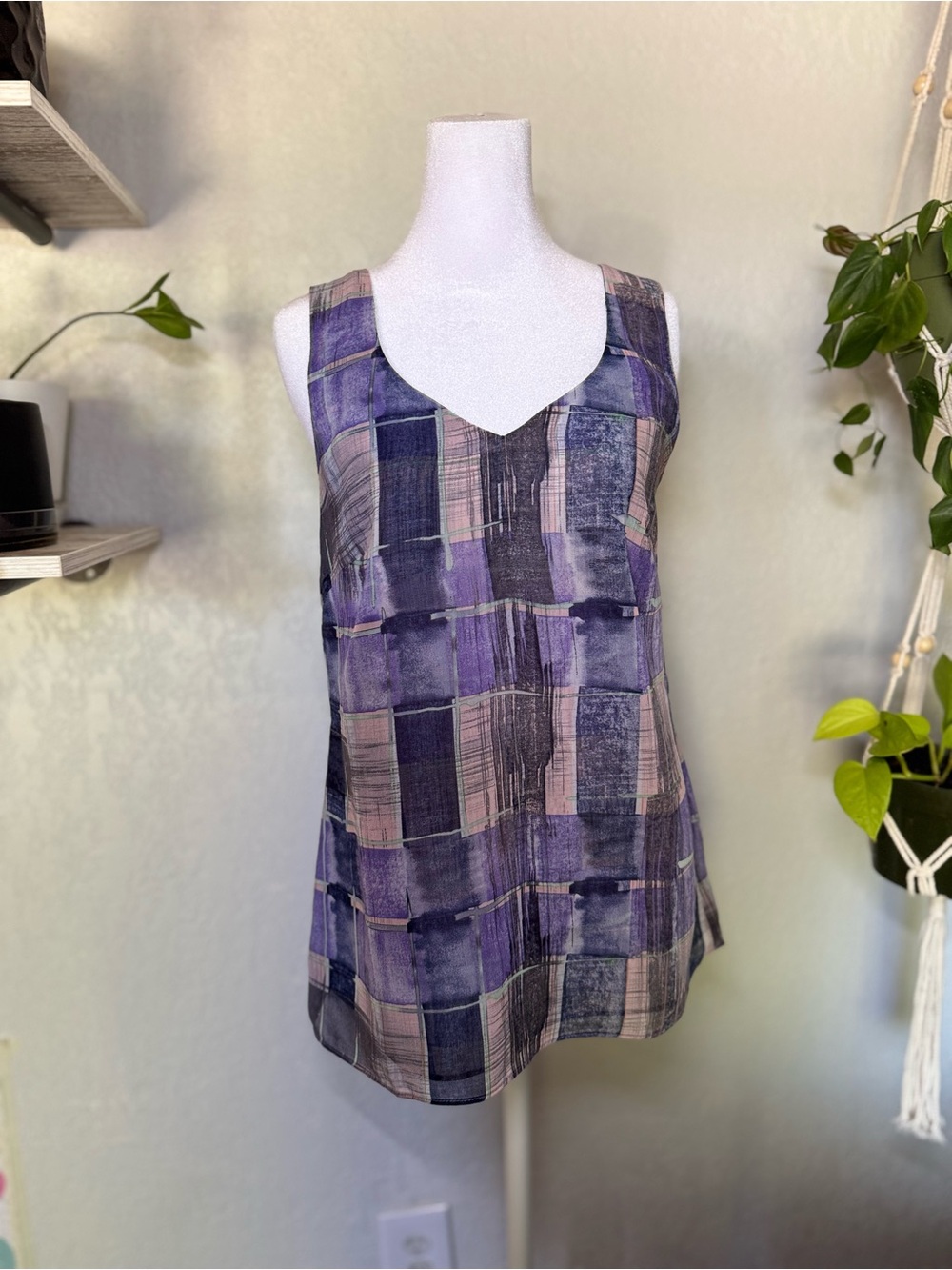 CAbi Purple Plaid V-Neck Sleeveless Camisole